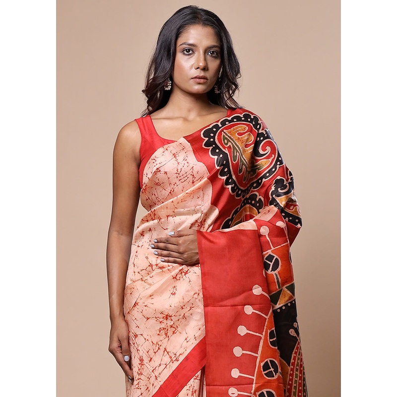 Orange Printed Pure Silk Saree Without Blouse Piece - JD986602784