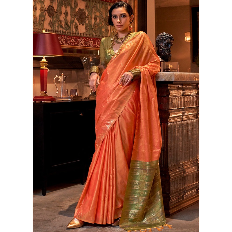 Orange Tussar Silk Saree With Blouse Piece - JD986602846