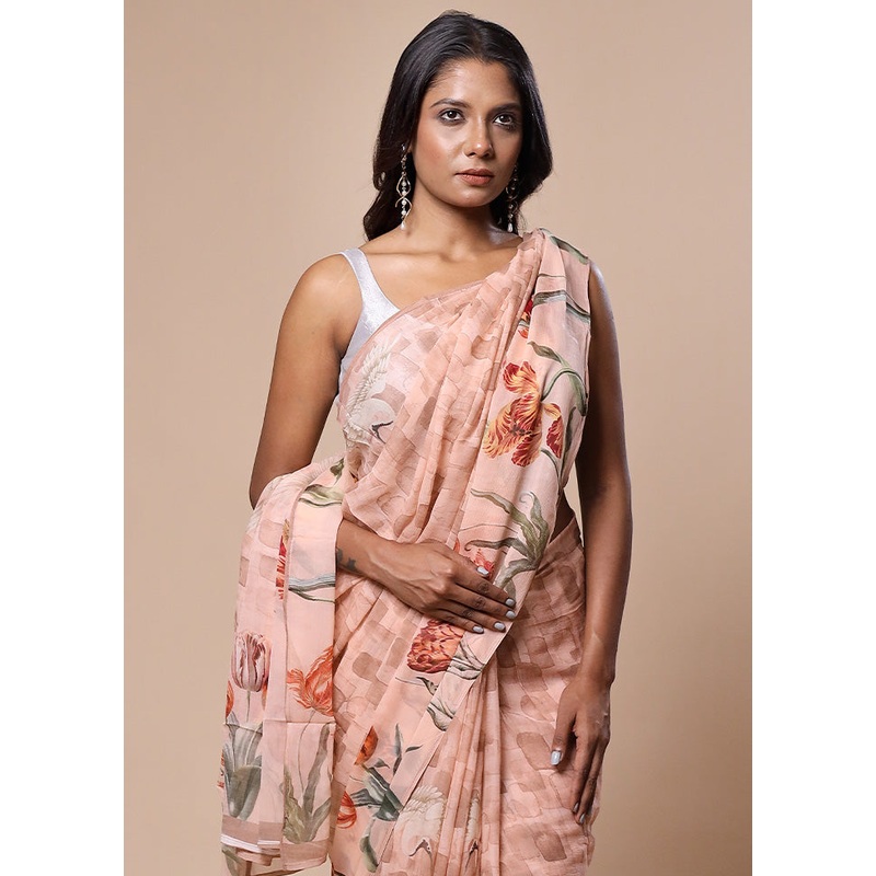 Peach Handloom Chiffon Pure Silk Saree With Blouse Piece - JD986602782