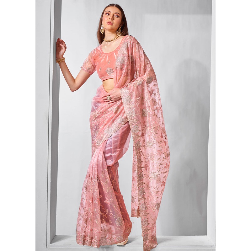 Peach Net Saree With Blouse Piece - JD986602873