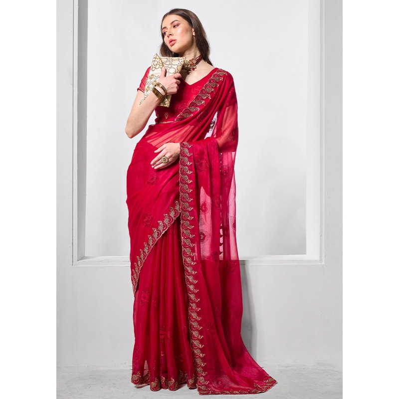 Pink Chiffon Silk Saree With Blouse Piece - JD986602866