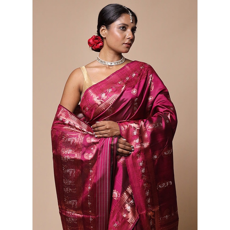Pink Handloom Baluchari Pure Silk Saree With Blouse Piece - JD986602779