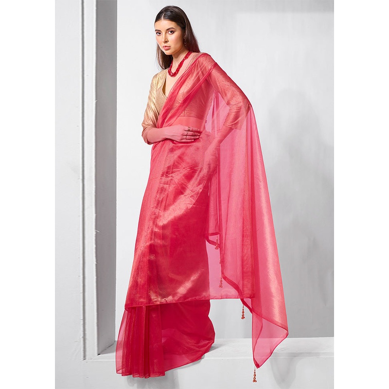 Pink Net Saree With Blouse Piece - JD986602865