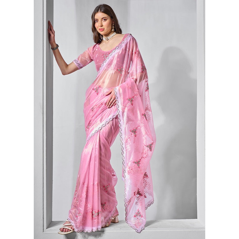 Pink Net Saree With Blouse Piece - JD986602871
