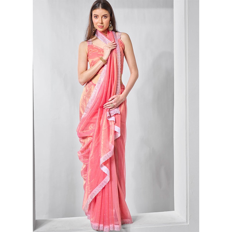 Pink Net Saree With Blouse Piece - JD986602872