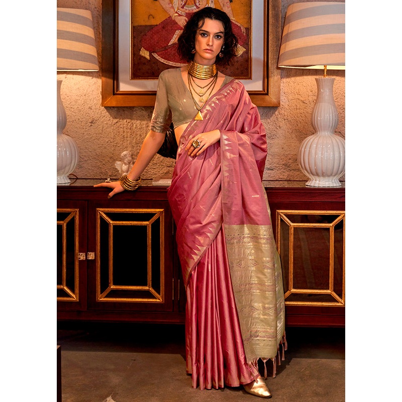 Pink Tussar Silk Saree With Blouse Piece - JD986602842