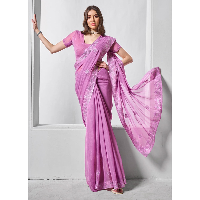 Purple Chiffon Silk Saree With Blouse Piece - JD986602870