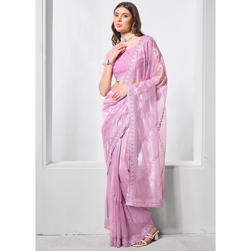 Purple Net Saree With Blouse Piece - JD986602868