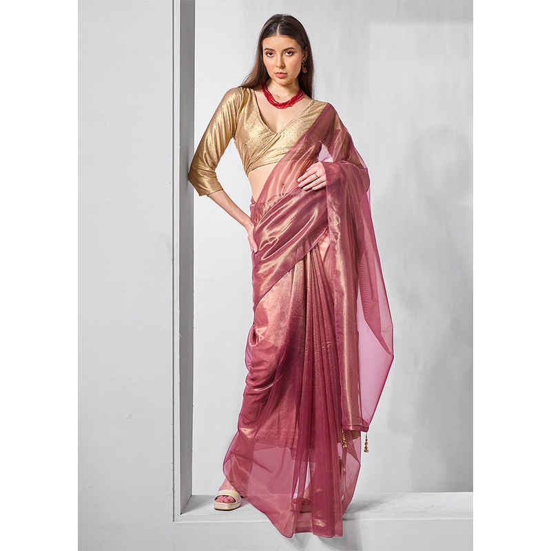 Purple Net Saree With Blouse Piece - JD986602869
