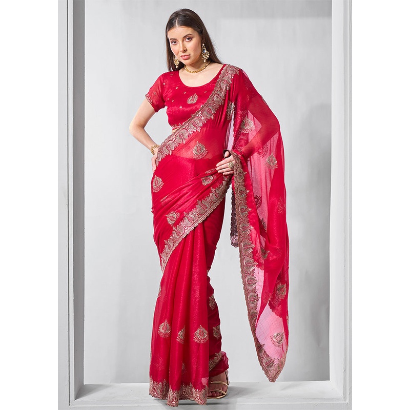 Red Chiffon Silk Saree With Blouse Piece - JD986602867