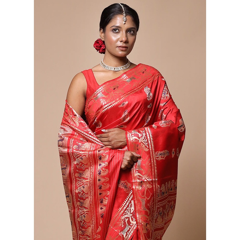Red Handloom Baluchari Pure Silk Saree With Blouse Piece - JD986602765