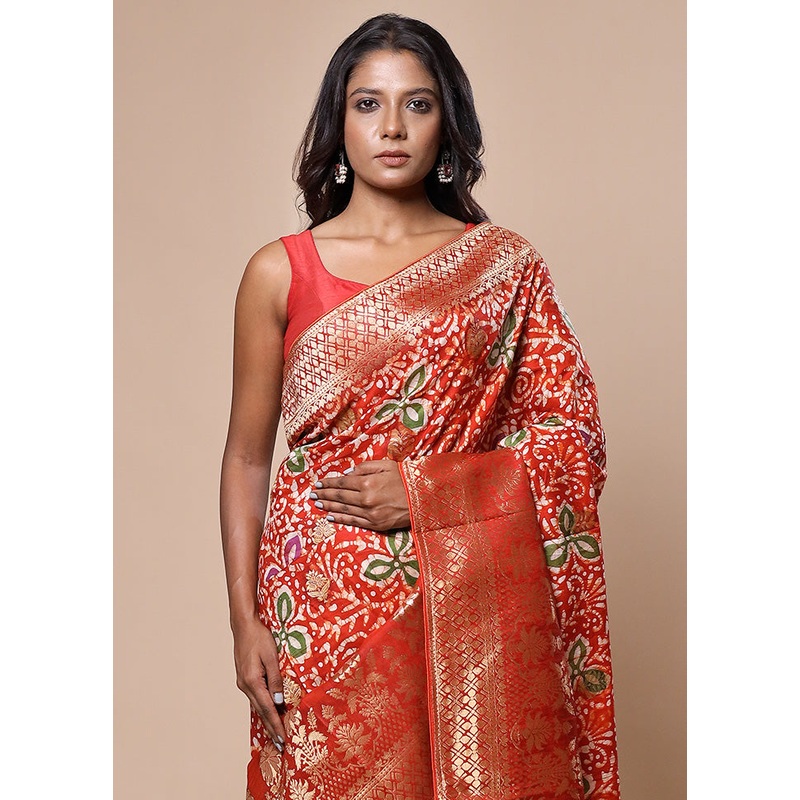 Red Tussar Silk Saree With Blouse Piece - JD986602764