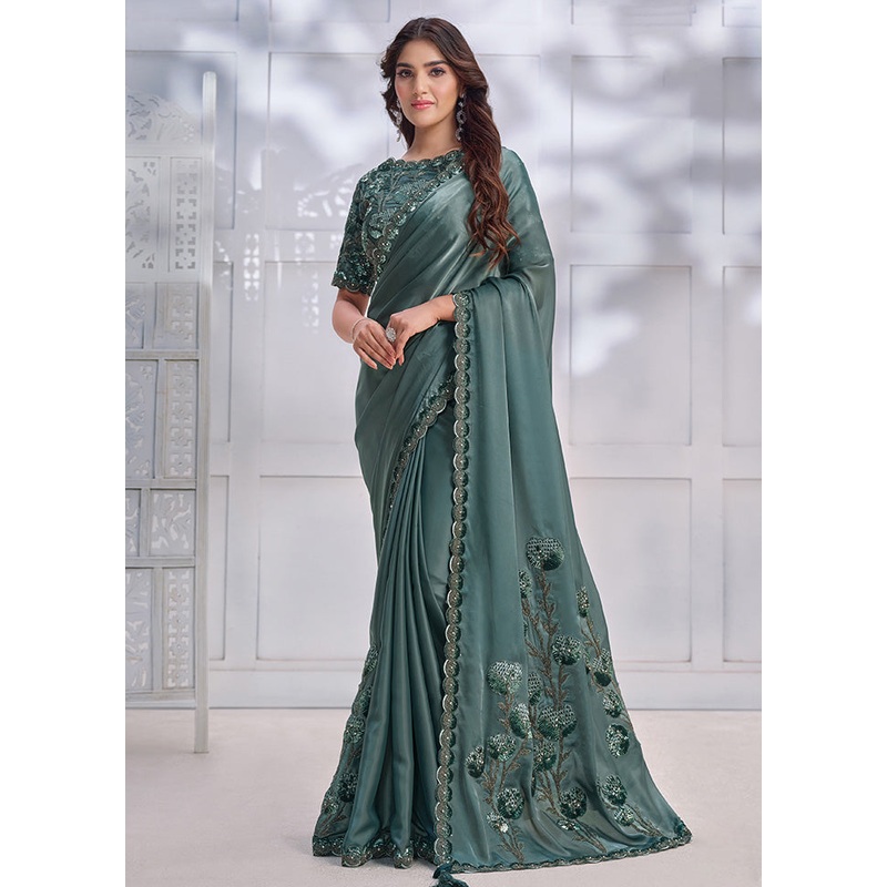 Sea Green Crepe Silk Saree With Blouse Piece - JD986602864