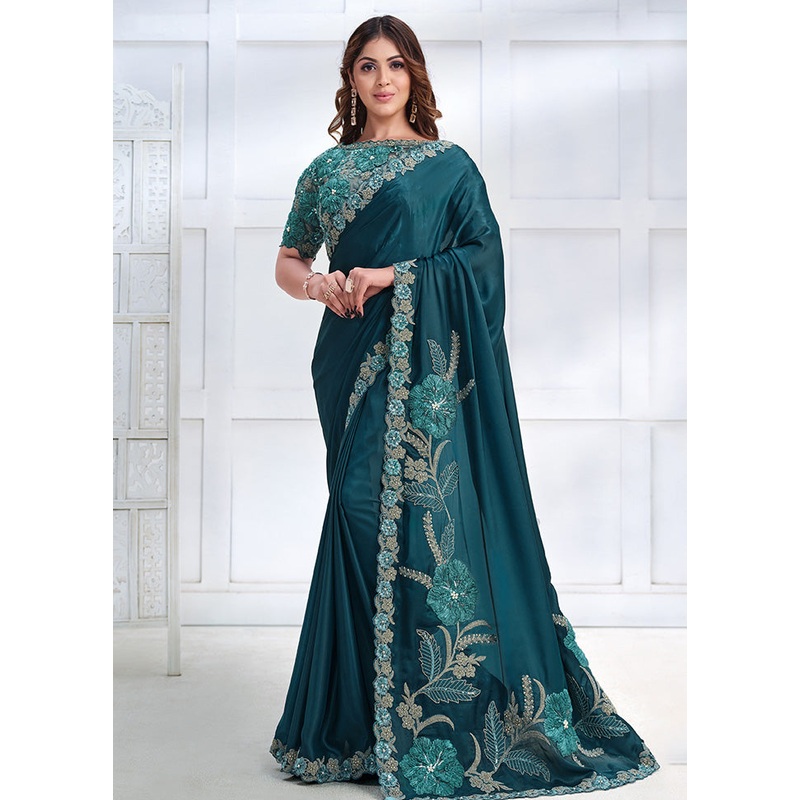 Teal Crepe Silk Saree With Blouse Piece - JD986602863