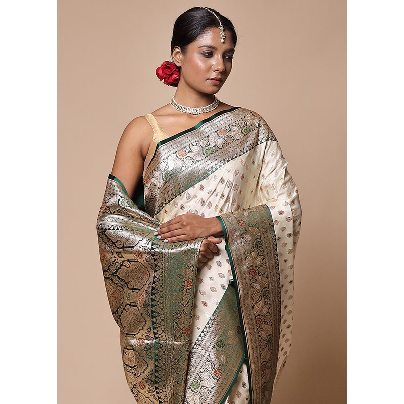 White Banarasi Silk Saree With Blouse Piece - JD986602763