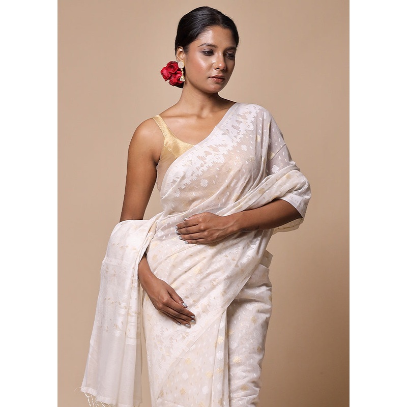 White Kora Silk Saree With Blouse Piece - JD986602756