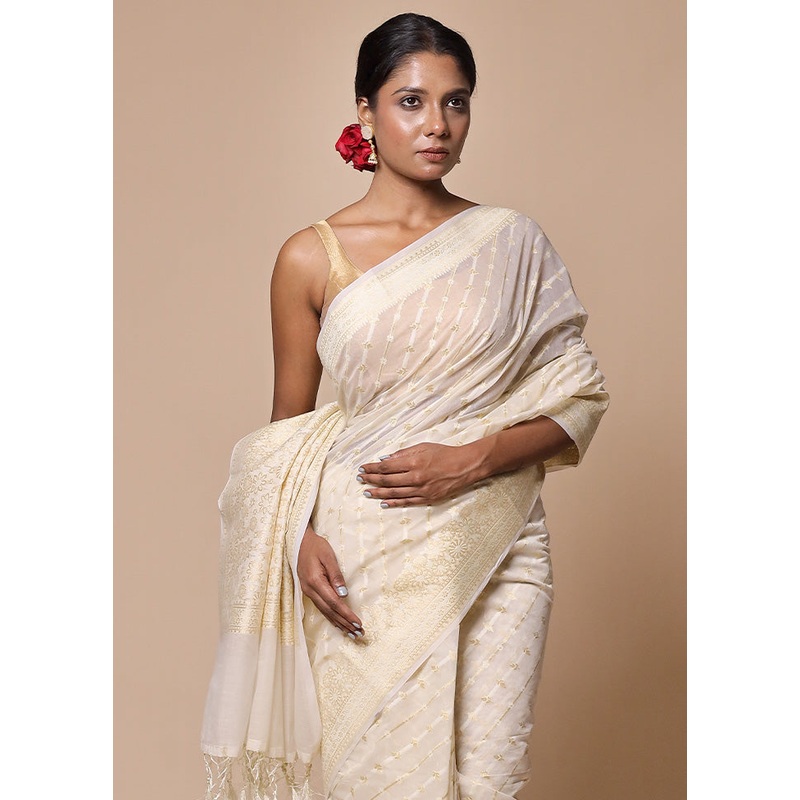 White Kora Silk Saree With Blouse Piece - JD986602757