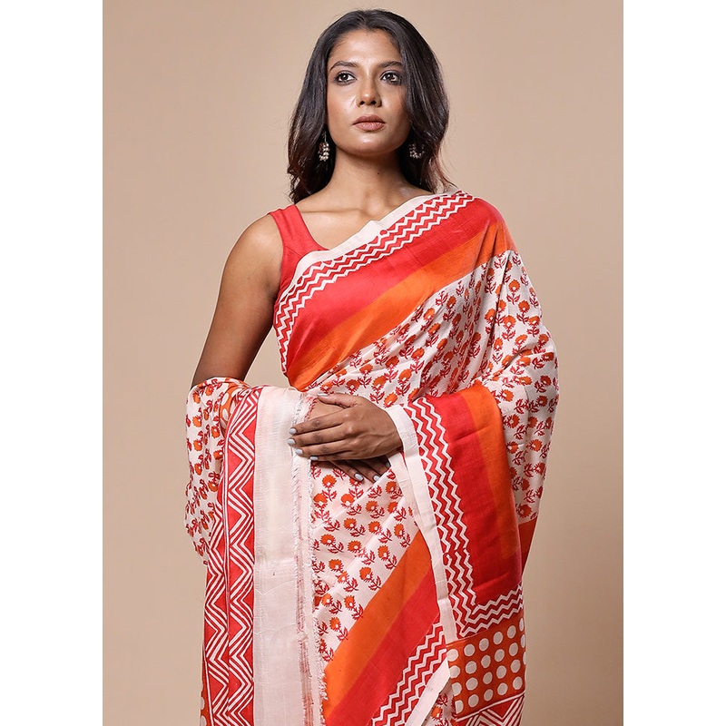 White Printed Pure Silk Saree Without Blouse Piece - JD986602755