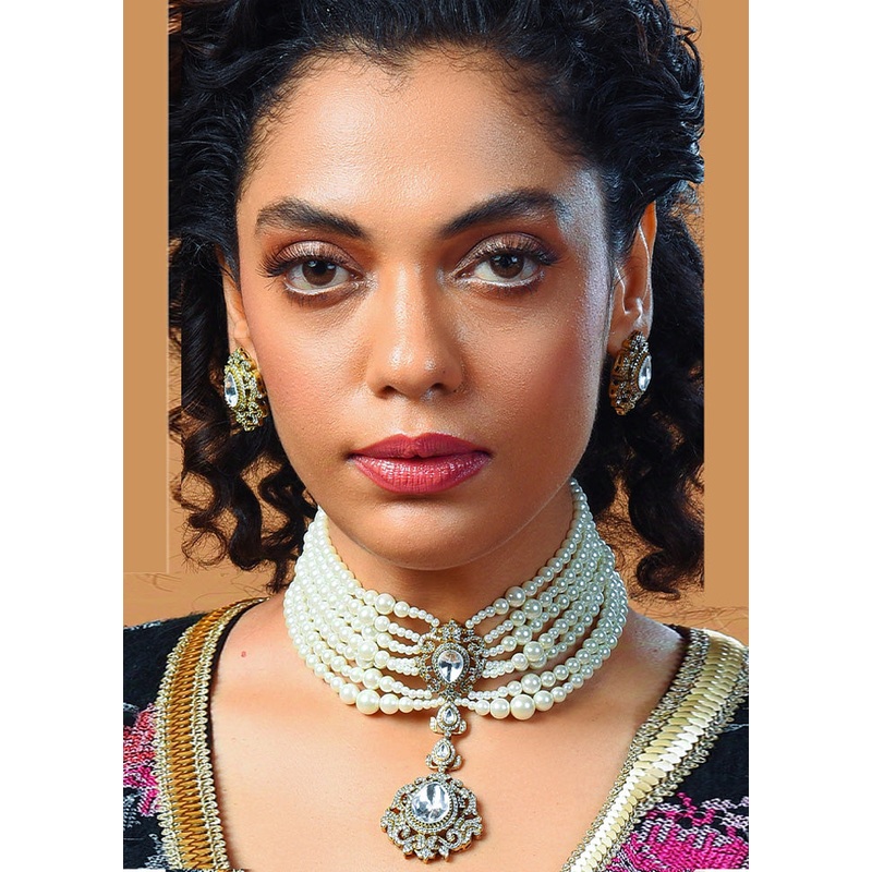 White Victorian Polish Pearl Chik Polki Pendent Necklace With Earrings - JD986602733