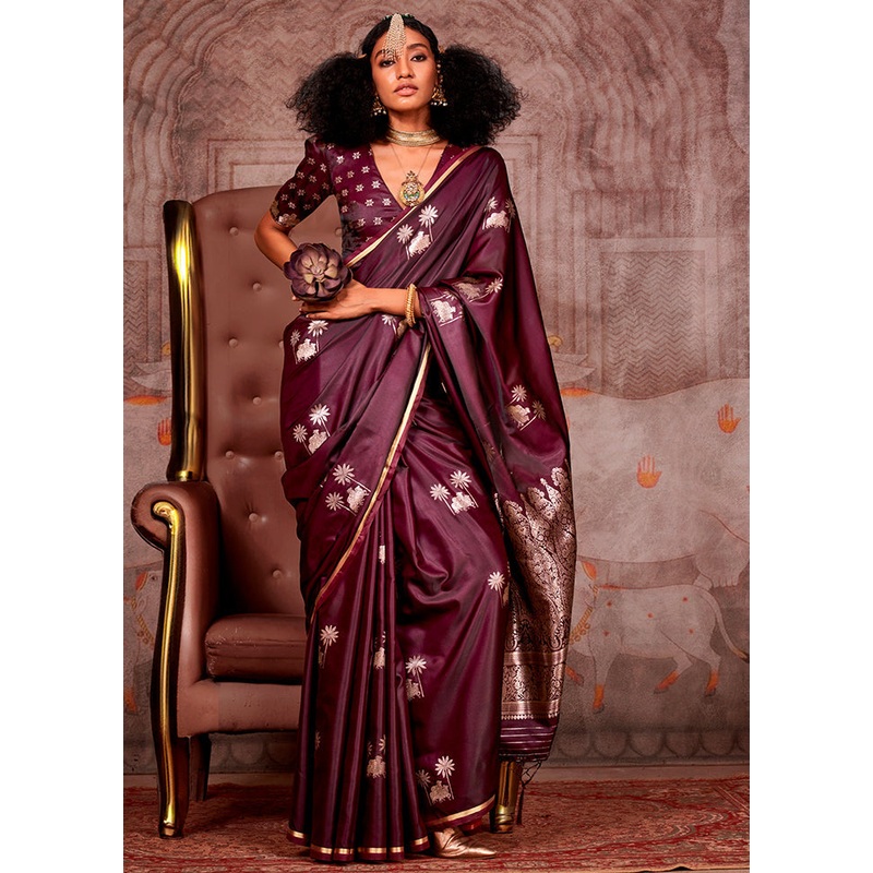 Wine Spun Silk Saree With Blouse Piece - JD986602839