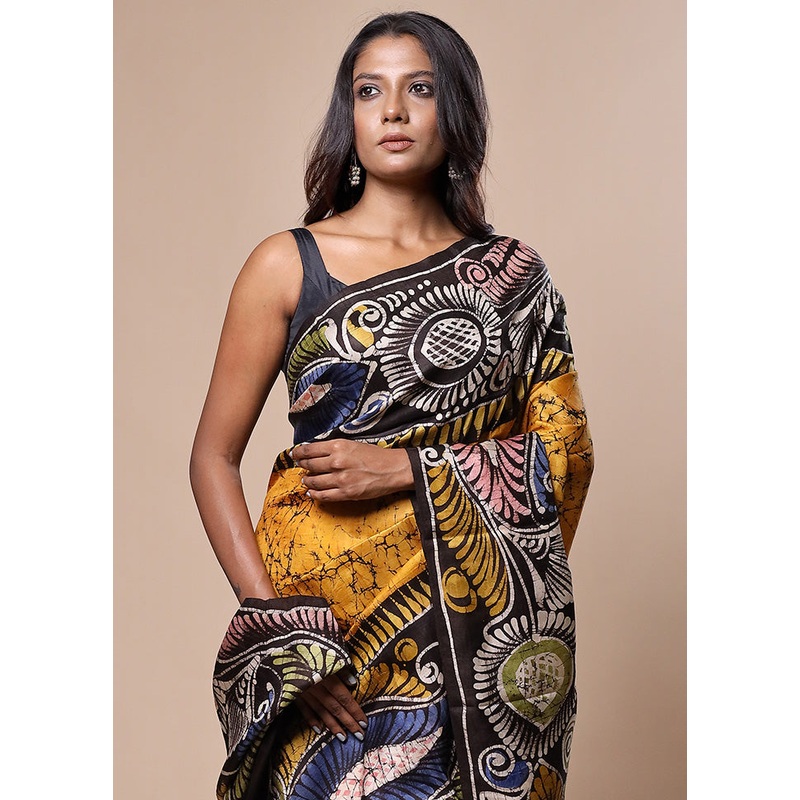 Yellow Printed Pure Silk Saree Without Blouse Piece - JD986602751