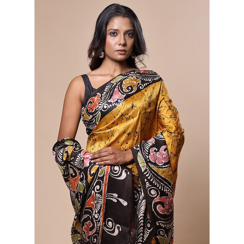 Yellow Printed Pure Silk Saree Without Blouse Piece - JD986602752