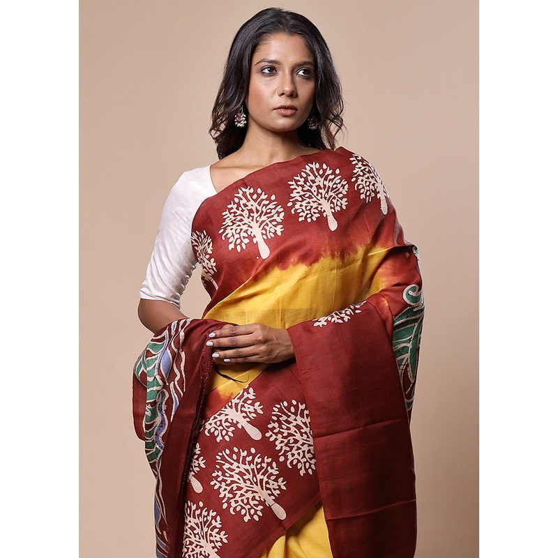 Yellow Printed Pure Silk Saree Without Blouse Piece - JD986602753