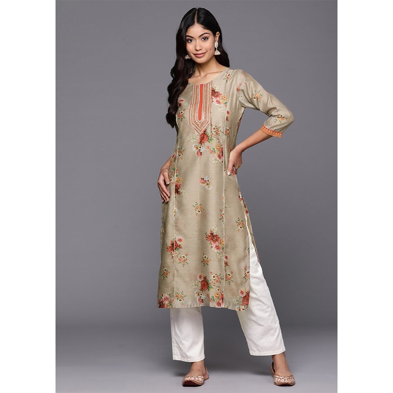 Beige Readymade Chanderi Kurti - JD986602613