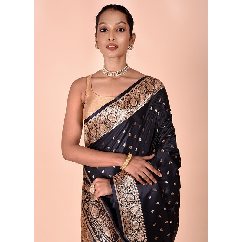 Black Banarasi Silk Saree With Blouse Piece - JD986602513