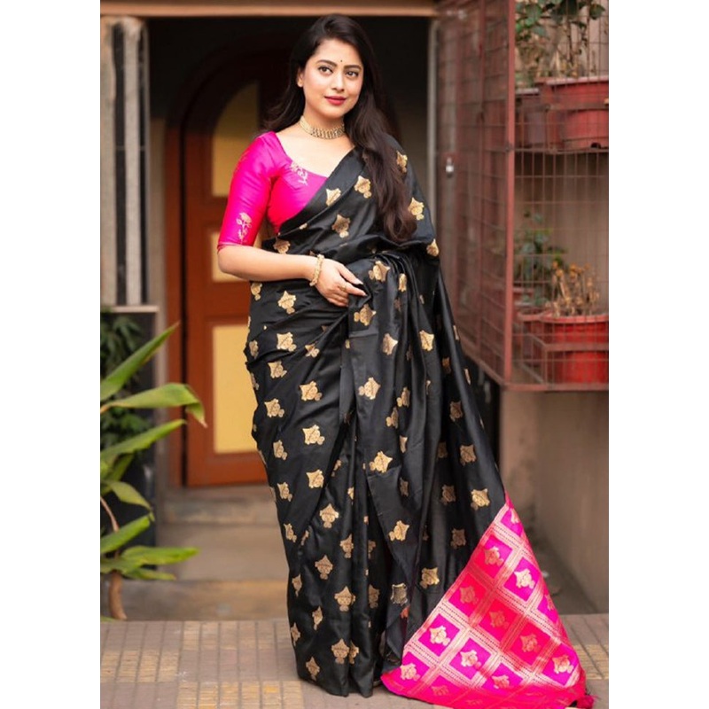 Black Banarasi Silk Saree With Blouse Piece - JD986602625