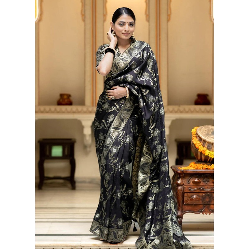 Black Banarasi Silk Saree With Blouse Piece - JD986602626
