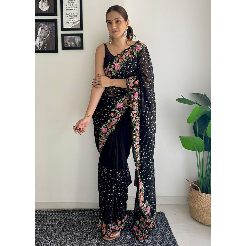Black Georgette Saree With Blouse Piece - JD986602629