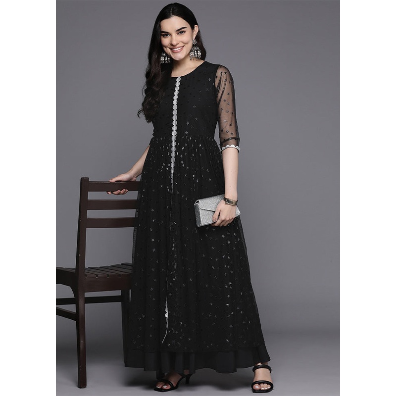 Black Readymade Net Indian Dress - JD986602543