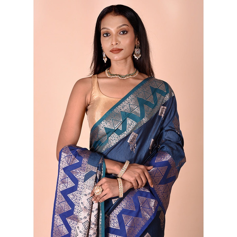 Blue Cotton Saree With Blouse Piece - JD986602509