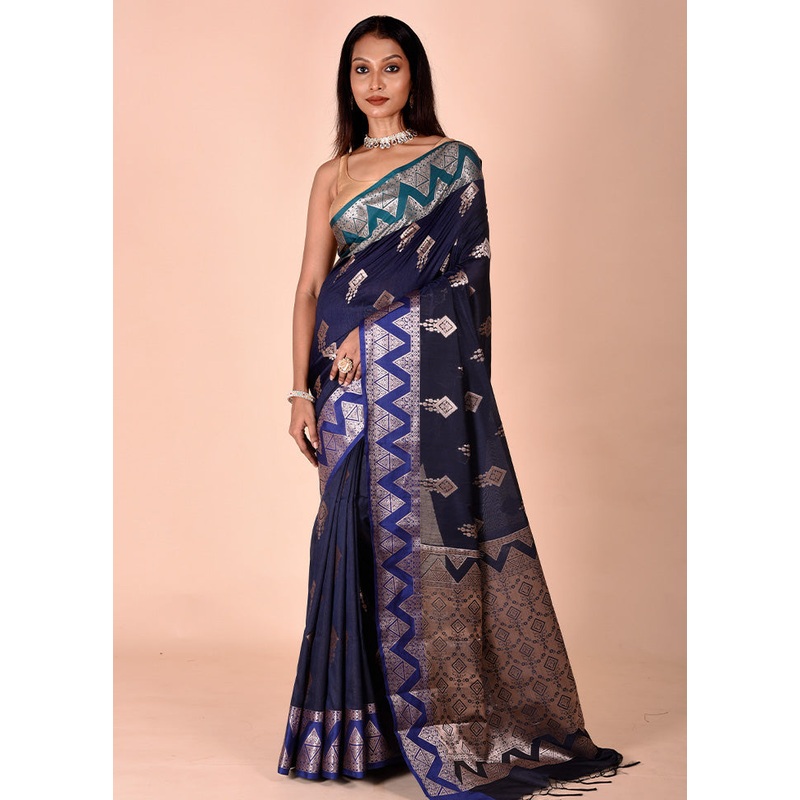 Blue Cotton Saree With Blouse Piece - JD986602510