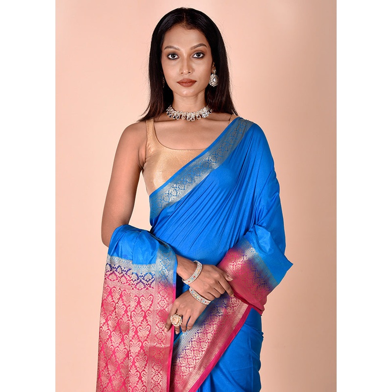 Blue Dupion Silk Saree With Blouse Piece - JD986602505