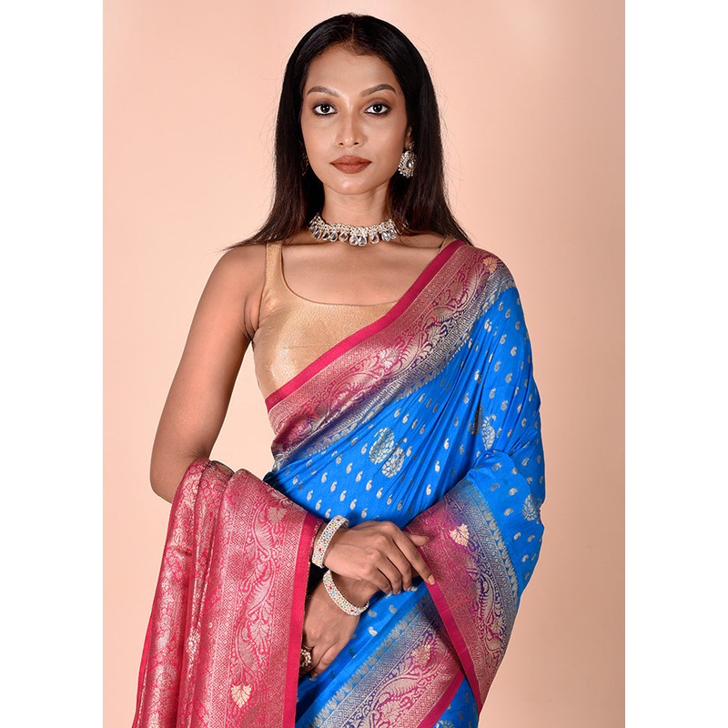 Blue Dupion Silk Saree With Blouse Piece - JD986602506