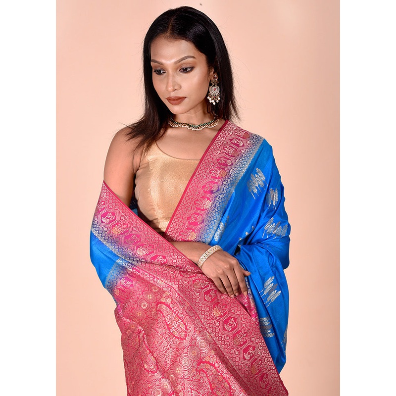 Blue Dupion Silk Saree With Blouse Piece - JD986602507
