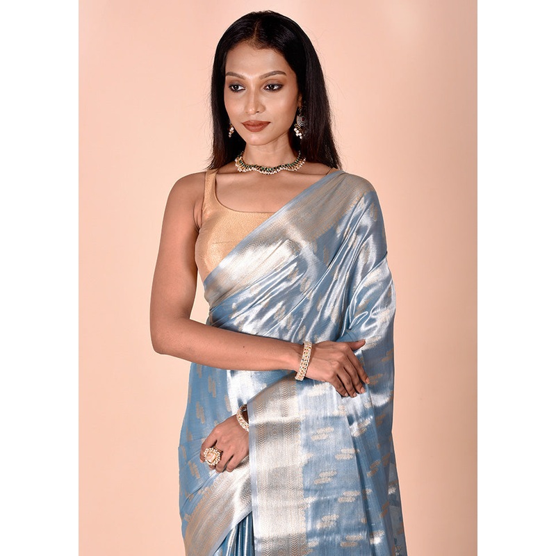 Blue Tissue Silk Saree With Blouse Piece - JD986602500
