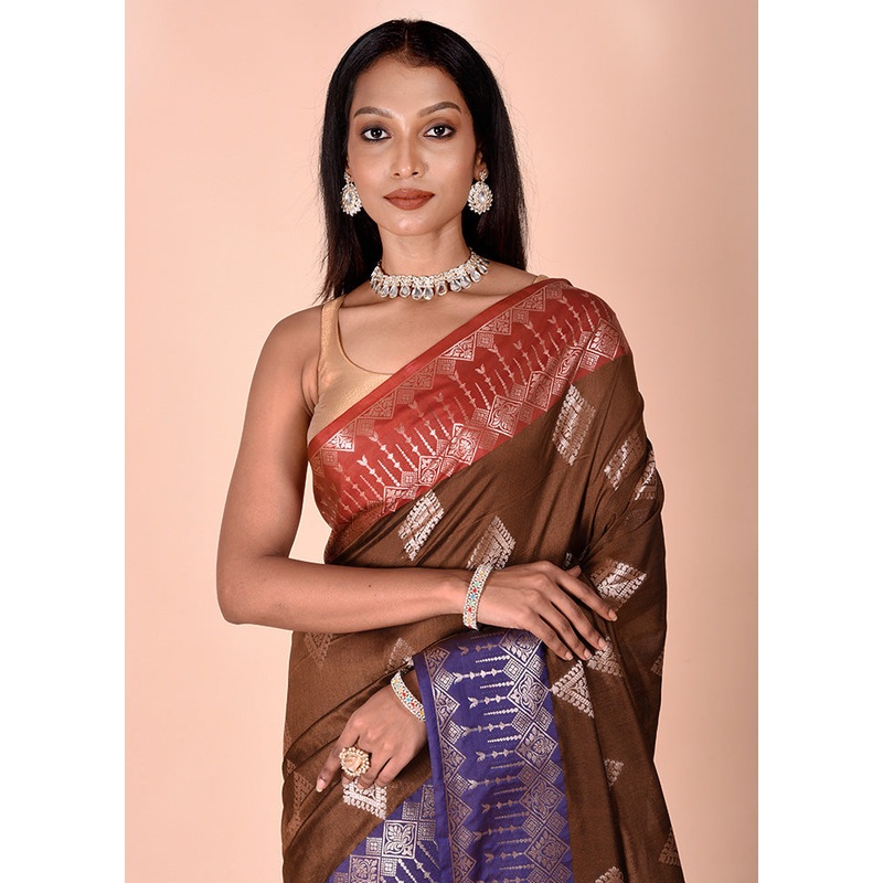 Brown Cotton Saree With Blouse Piece - JD986602498