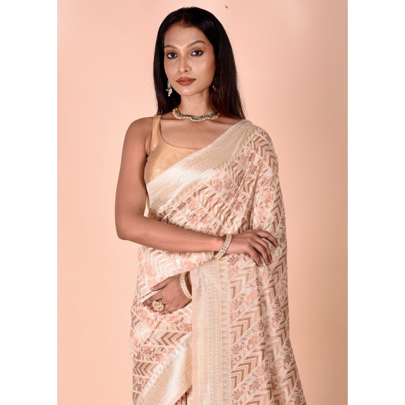 Cream Kora Silk Saree With Blouse Piece - JD986602496