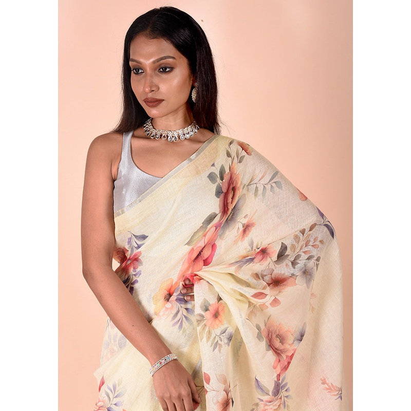 Cream Linen Silk Saree With Blouse Piece - JD986602495