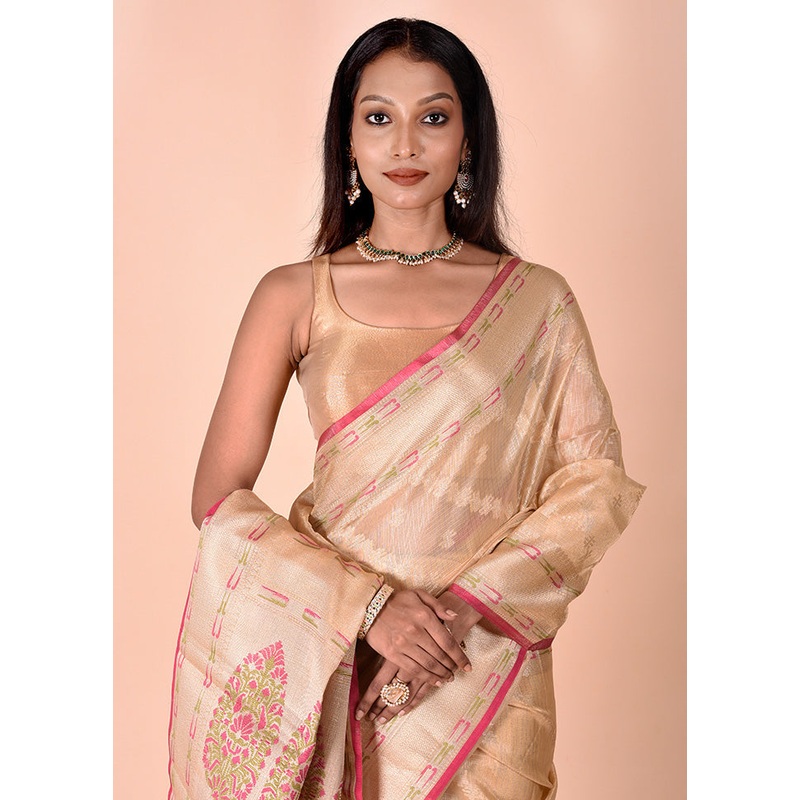 Cream Tissue Silk Saree With Blouse Piece - JD986602492
