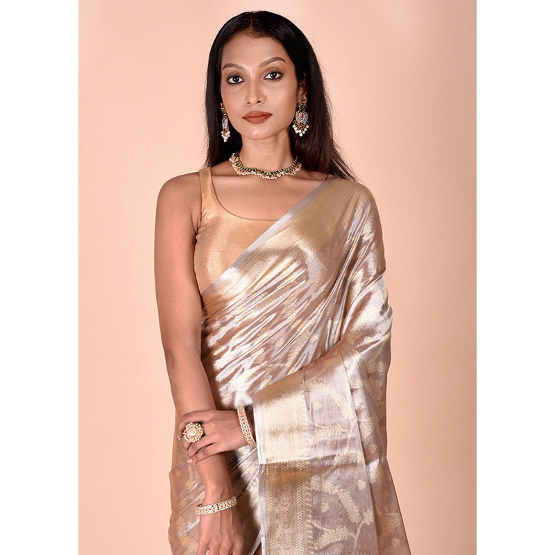 Cream Tissue Silk Saree With Blouse Piece - JD986602493