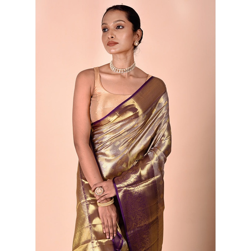 Golden Handloom Kanchipuram Pure Silk Saree With Blouse Piece - JD986602490