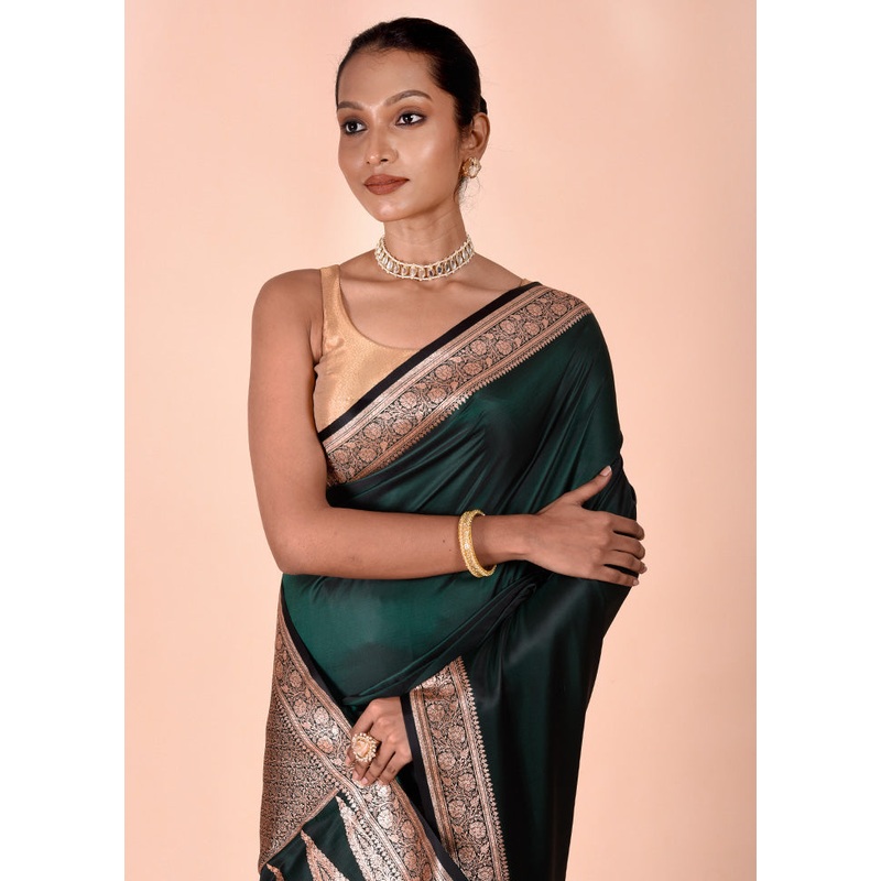 Green Banarasi Silk Saree With Blouse Piece - JD986602488