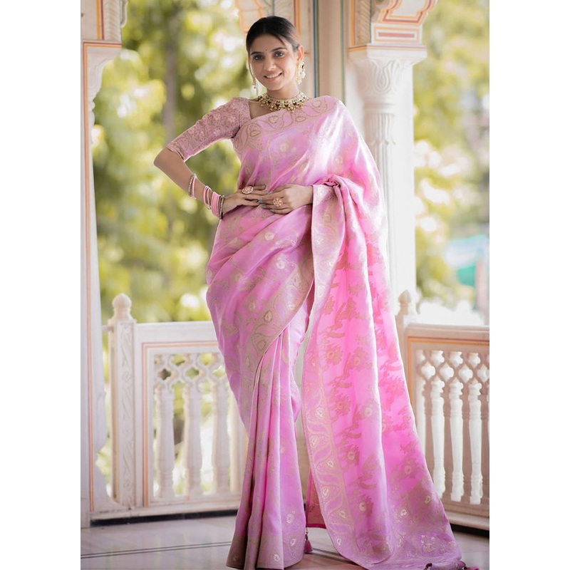 Light Pink Banarasi Silk Saree With Blouse Piece - JD986602630