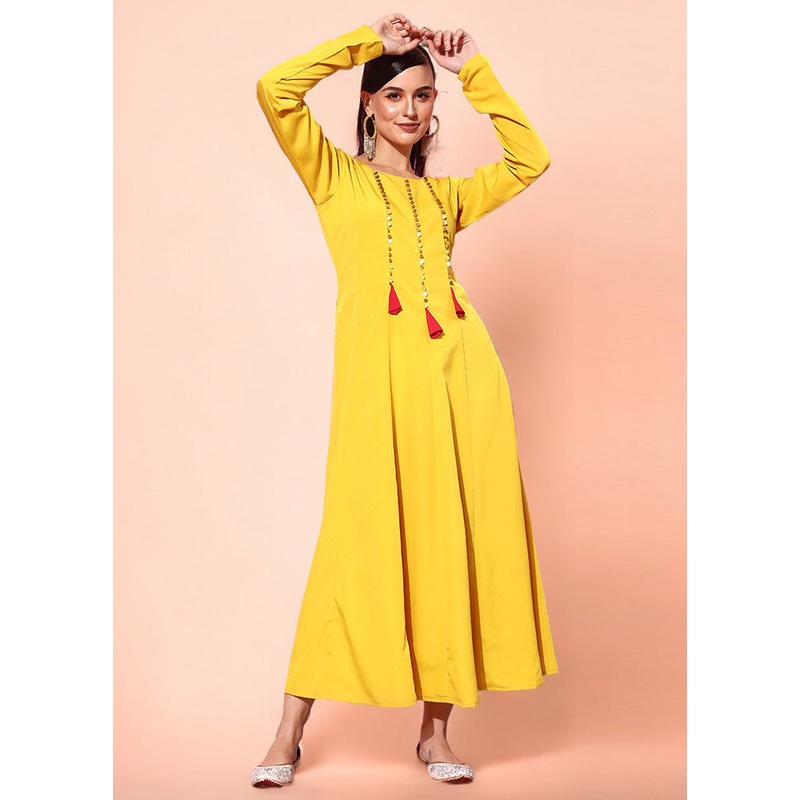 Mustard Readymade Silk Indian Dress - JD986602528