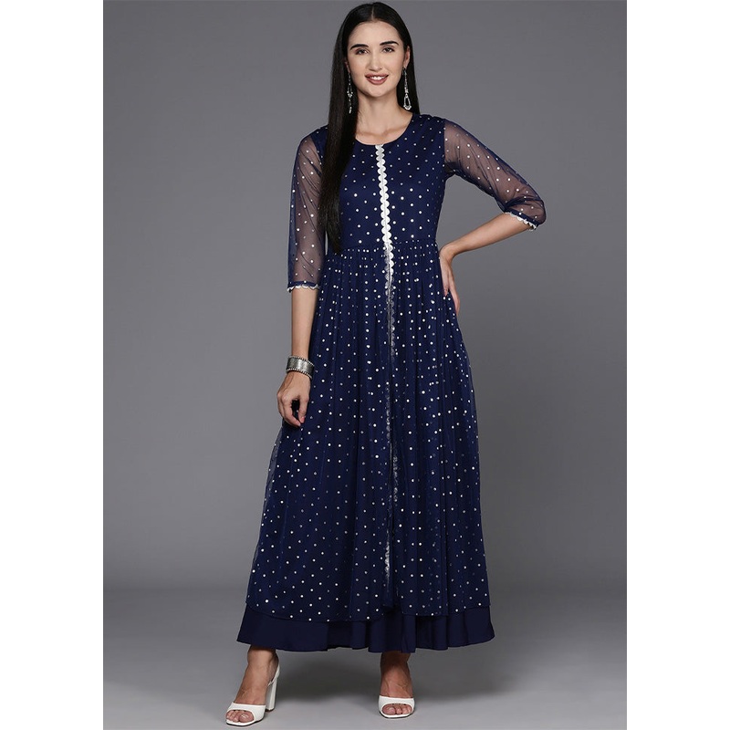 Navy Blue Readymade Net Indian Dress - JD986602526