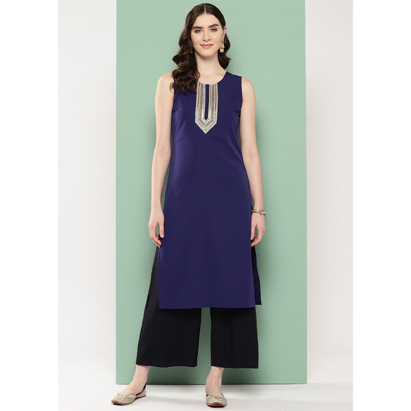 Navy Blue Readymade Silk Kurti - JD986602575